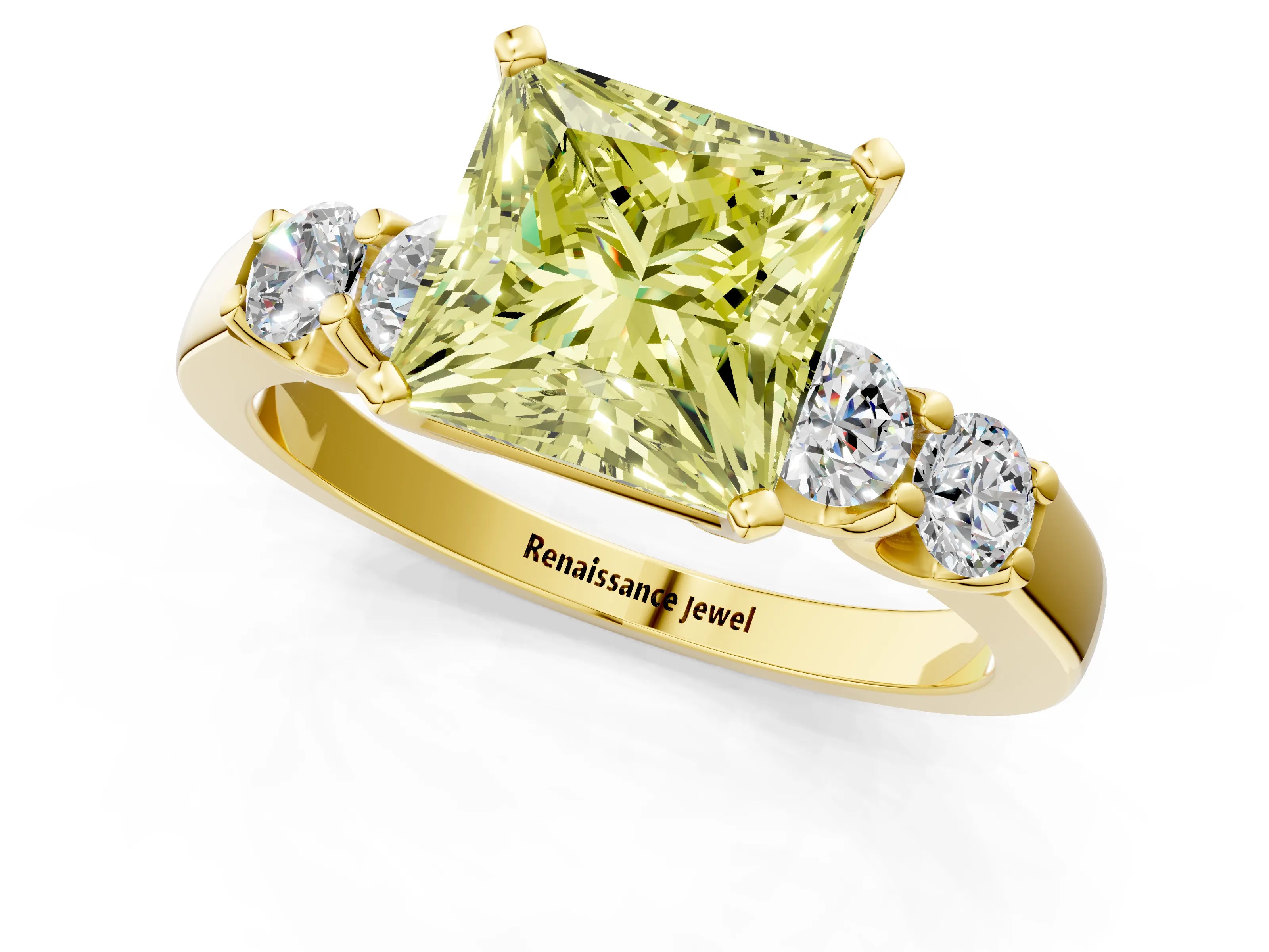 Yellow gold Fancy Yellow Princess Cut Brilliant Diamond Five-Stone Engagement Ring with Prong Setting on a Classic Band_4