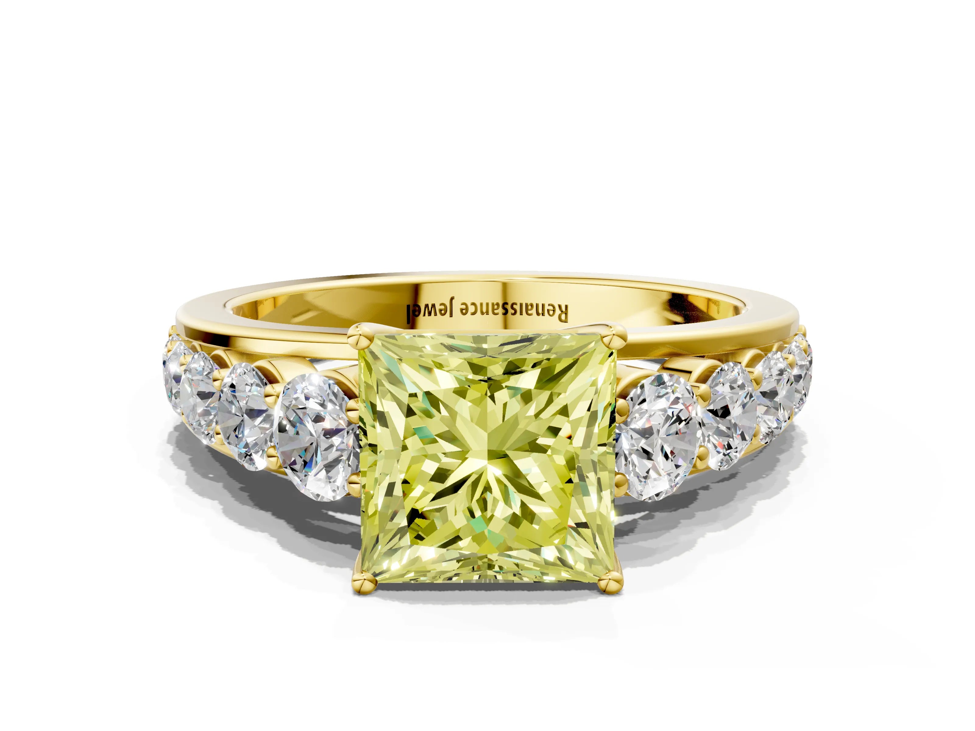 Yellow gold Fancy Yellow Princess Cut Brilliant Diamond Pavé Band with Six-Prong Setting
