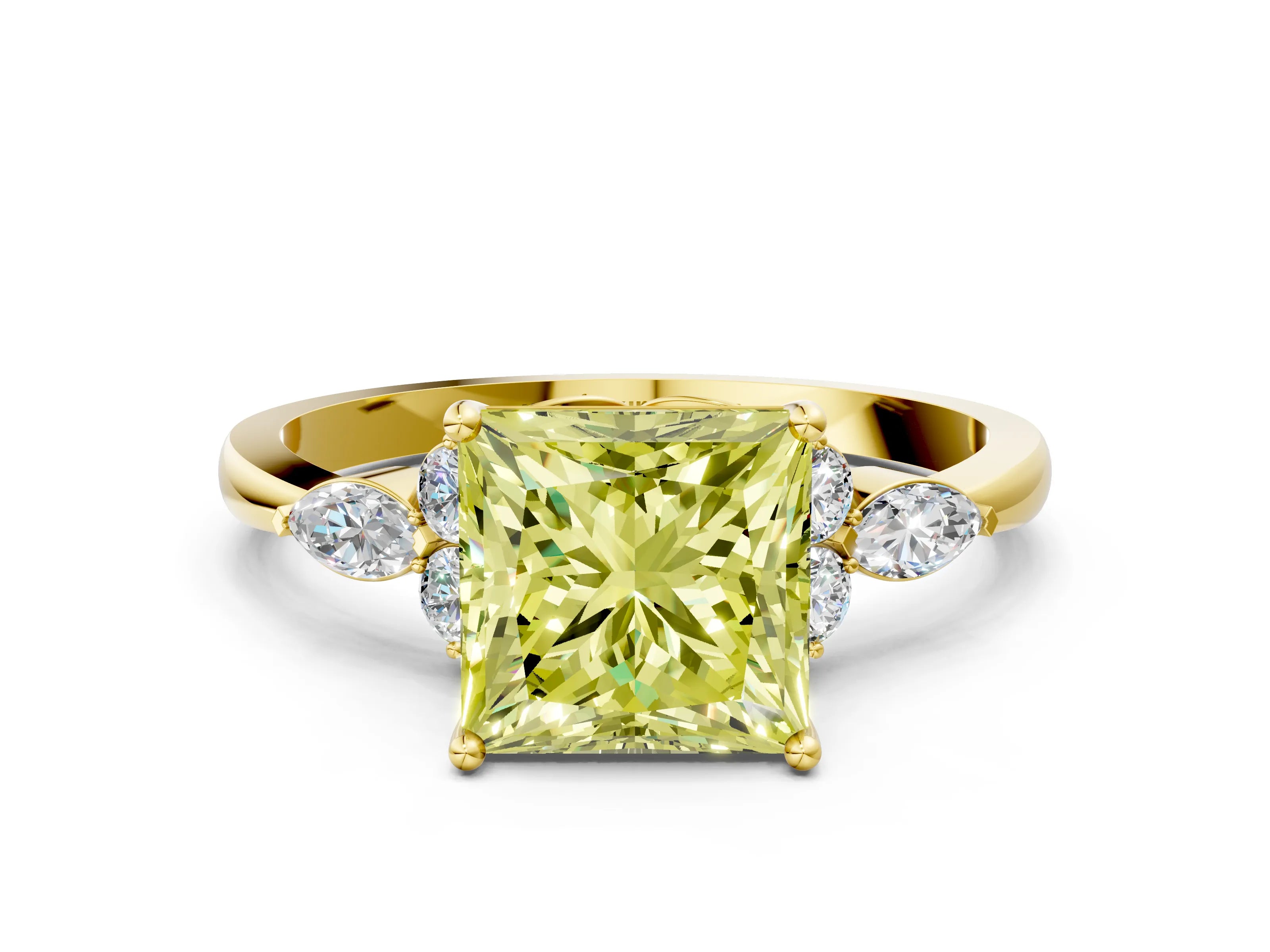 Yellow gold Fancy Yellow Princess Cut Brilliant Diamond Solitaire Ring with Pear Side Stones and Four-Prong Setting_3