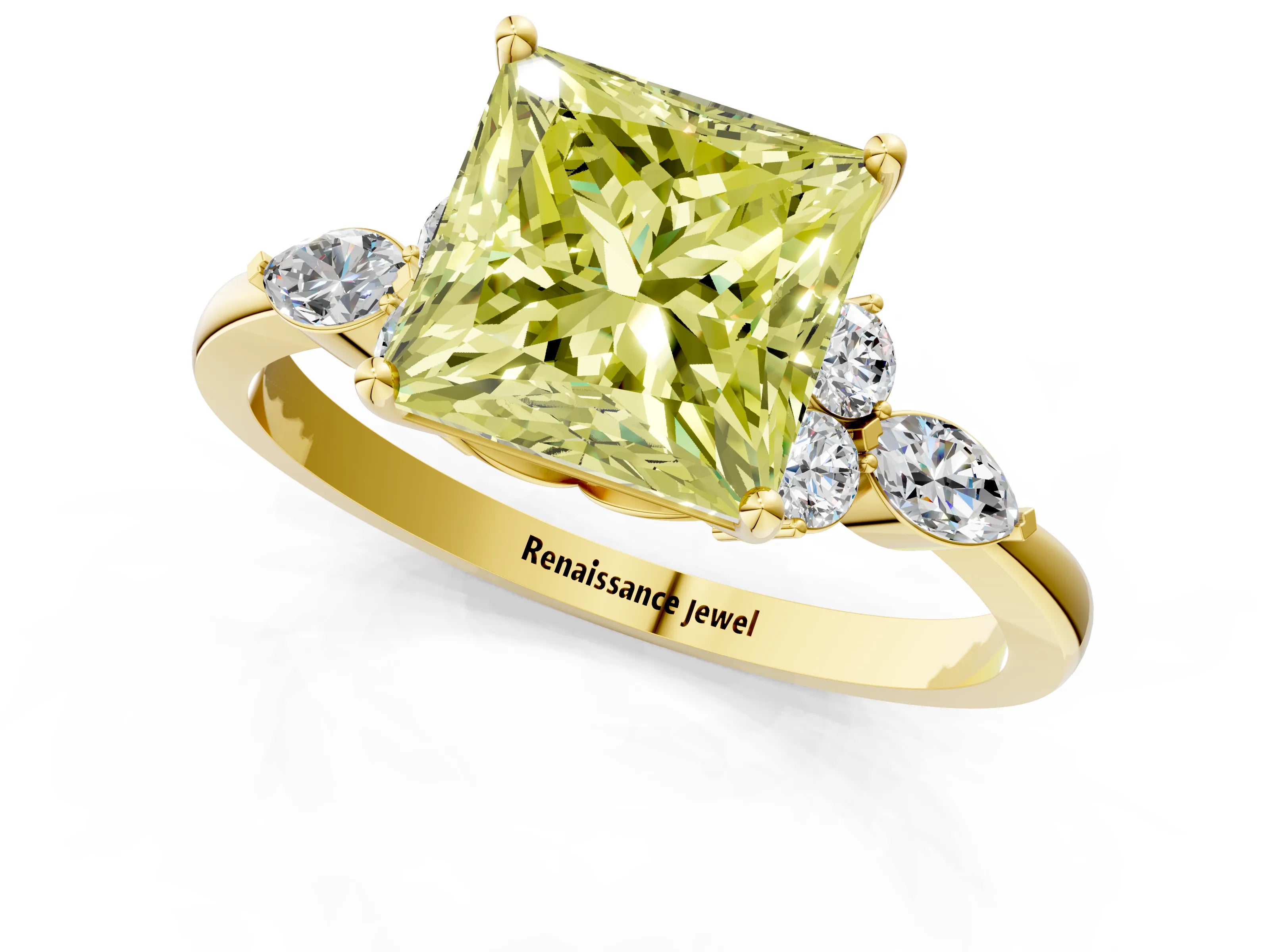 Yellow gold Fancy Yellow Princess Cut Brilliant Diamond Solitaire Ring with Pear Side Stones and Four-Prong Setting_4