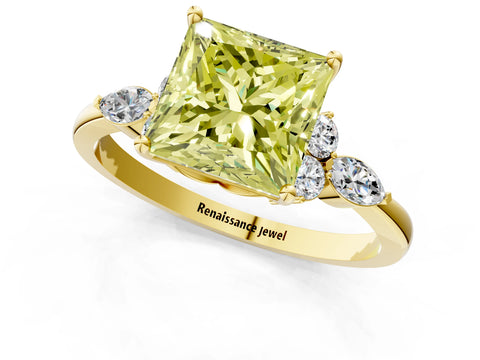 Yellow gold Fancy Yellow Princess Cut Brilliant Diamond Solitaire Ring with Pear Side Stones and Four-Prong Setting_4
