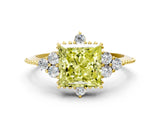 Yellow gold Fancy Yellow Princess Cut Brilliant Diamond with Cluster Setting on a Beaded Band and Four-Prong Setting