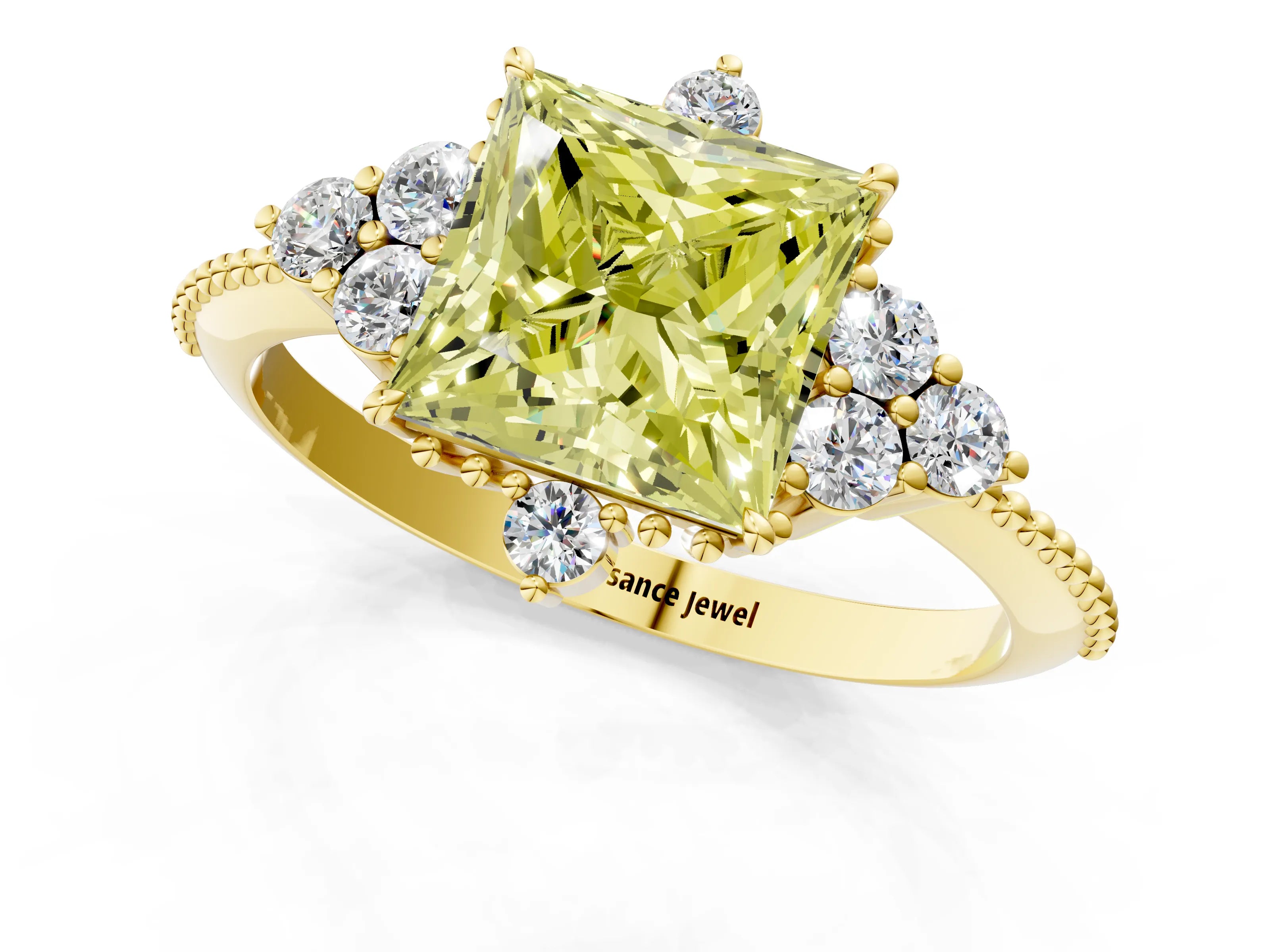 Yellow gold Fancy Yellow Princess Cut Brilliant Diamond with Cluster Setting on a Beaded Band and Four-Prong Setting_1
