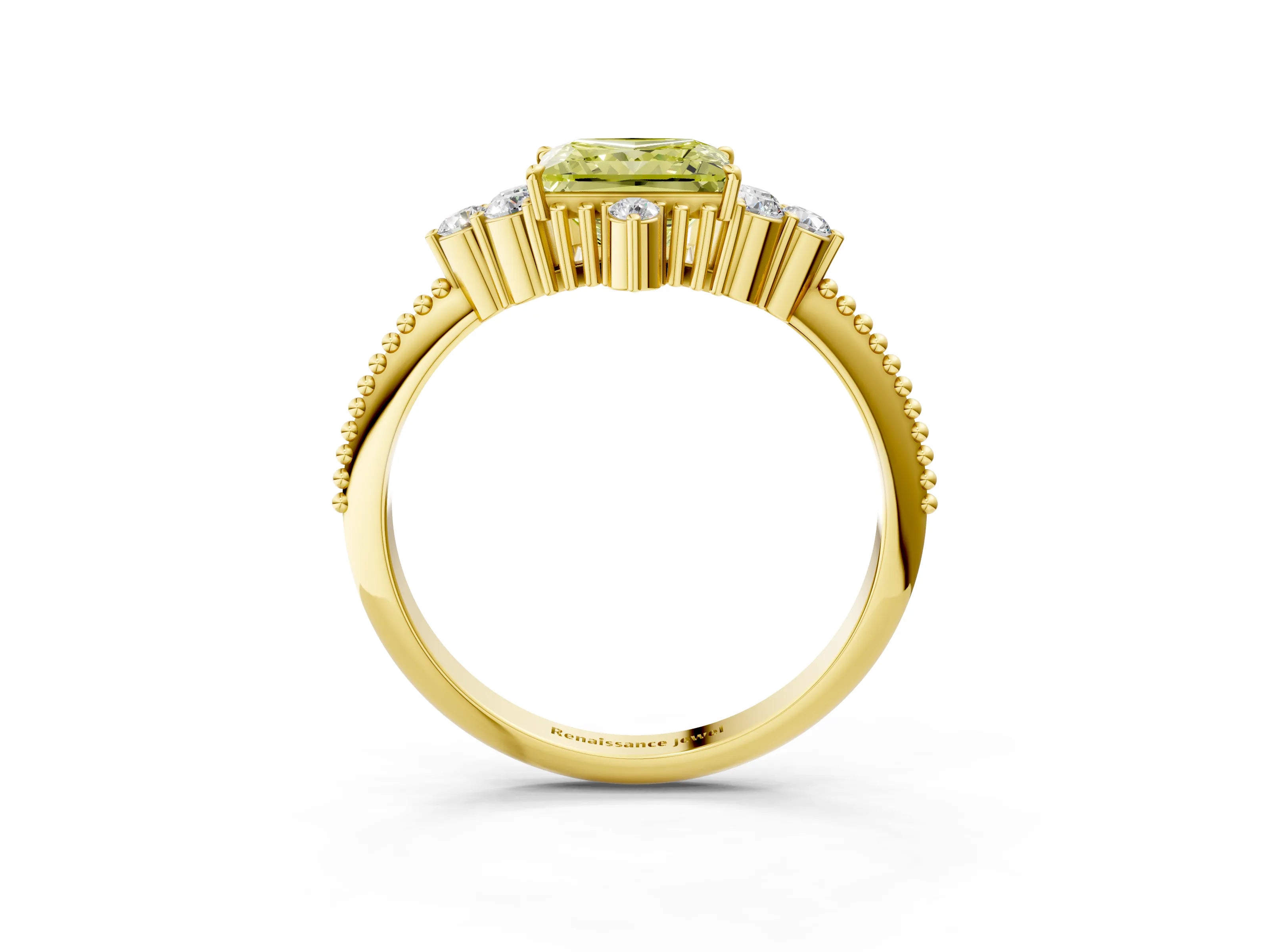Yellow gold Fancy Yellow Princess Cut Brilliant Diamond with Cluster Setting on a Beaded Band and Four-Prong Setting_3