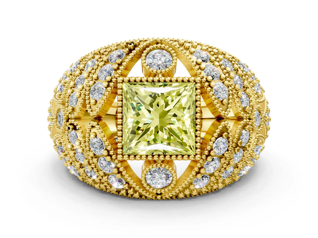 Yellow gold Fancy Yellow Princess Cut Brilliant Halo Pave Diamond Milgrain Ring