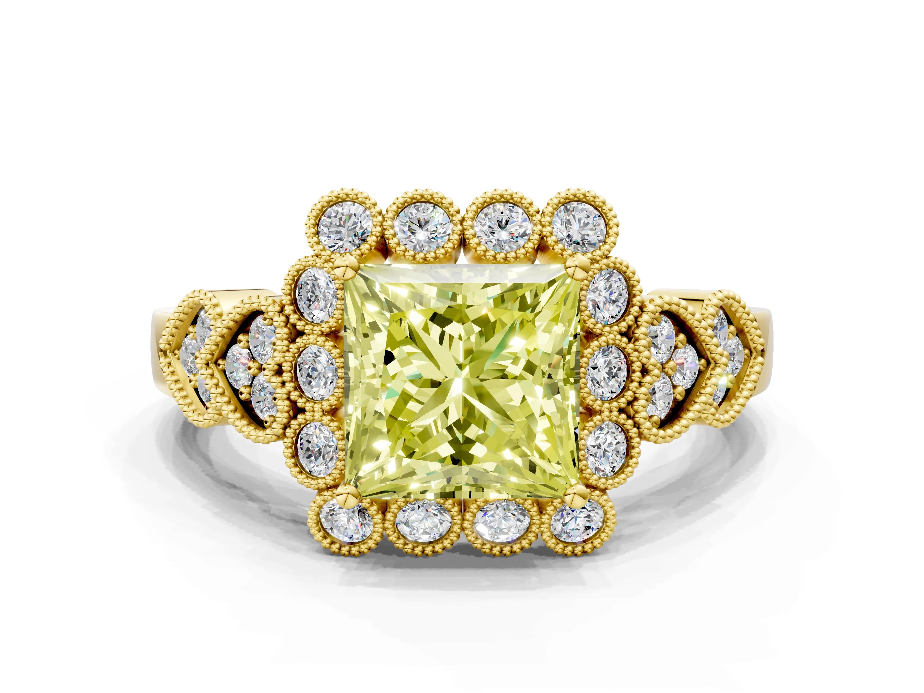Yellow gold Fancy Yellow Princess Cut Brilliant Milgrain Pave Heart Band Solitaire Ring