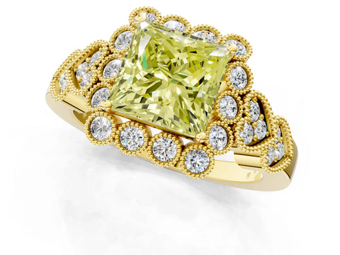 Yellow gold Fancy Yellow Princess Cut Brilliant Milgrain Pave Heart Band Solitaire Ring_1