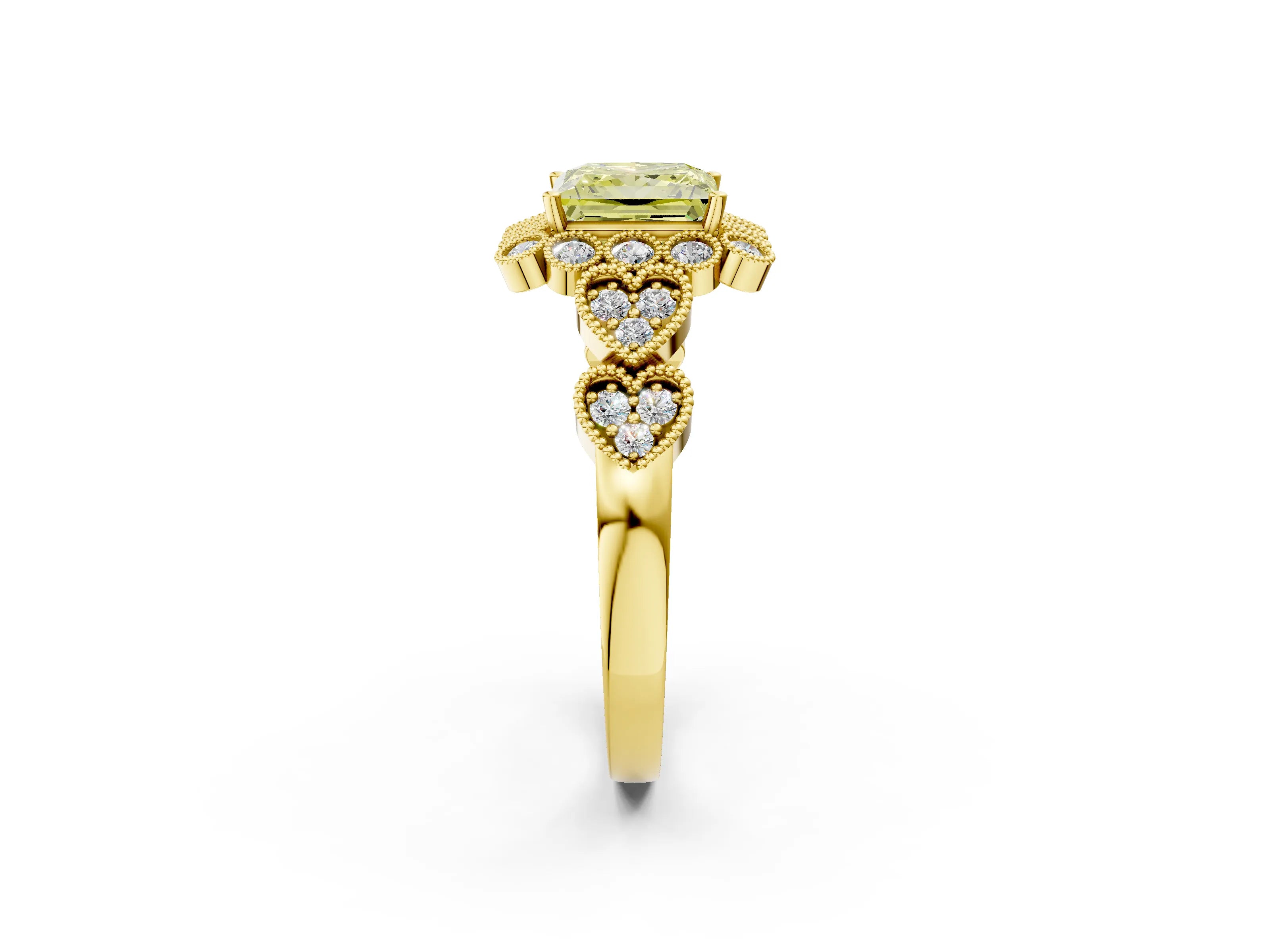 Yellow gold Fancy Yellow Princess Cut Brilliant Milgrain Pave Heart Band Solitaire Ring_2