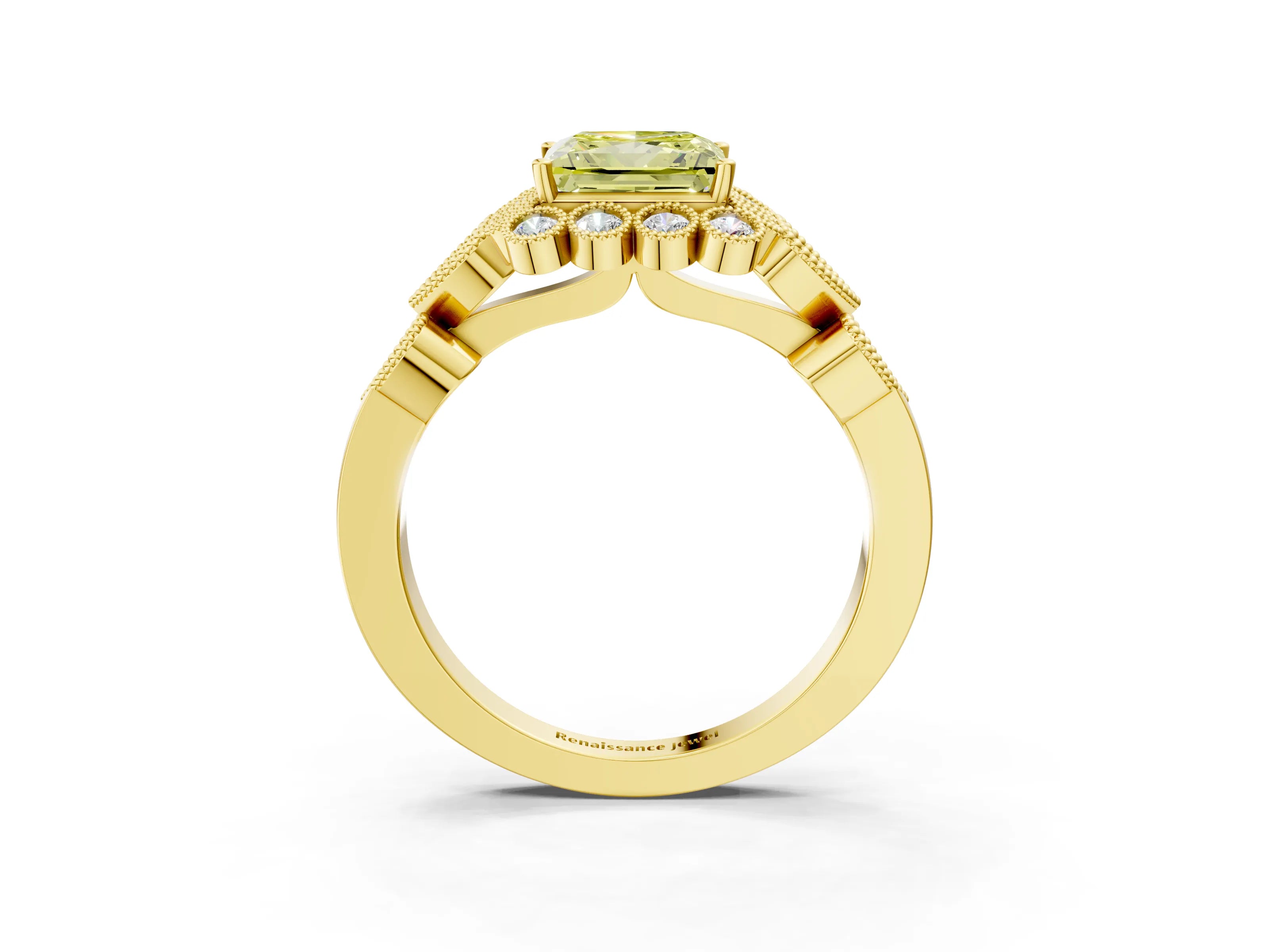 Yellow gold Fancy Yellow Princess Cut Brilliant Milgrain Pave Heart Band Solitaire Ring_3