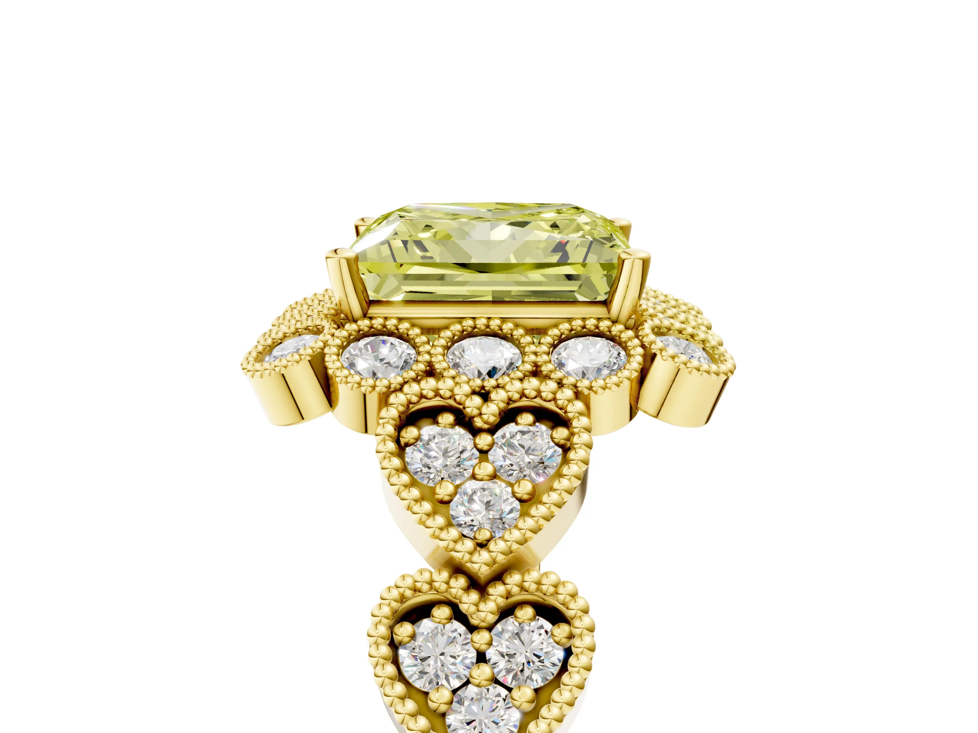 Yellow gold Fancy Yellow Princess Cut Brilliant Milgrain Pave Heart Band Solitaire Ring_5