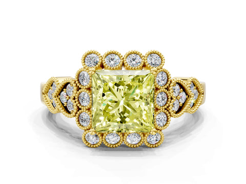 Yellow gold Fancy Yellow Princess Cut Brilliant Milgrain Pave Heart Band Solitaire Ring