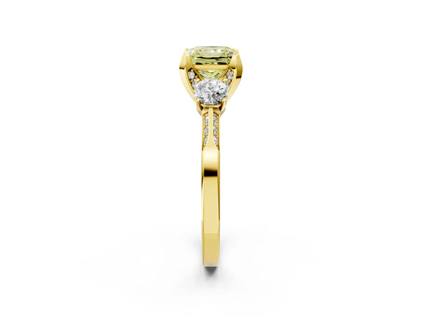Yellow Gold Princess Cut Three Stone Hidden Halo Engagement Ring Setting for Fancy Yellow Center
