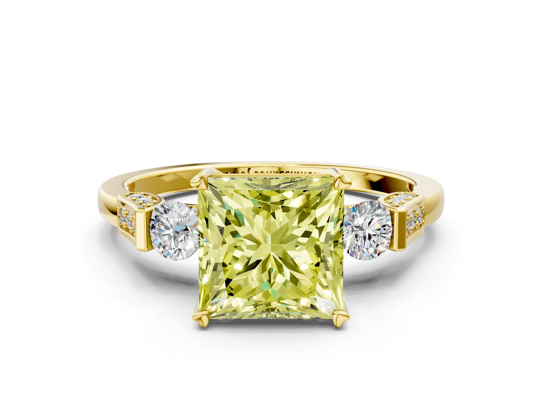 Yellow gold Fancy Yellow Princess Cut Brilliant Three-Stone Pave Band with Four-Prong Setting