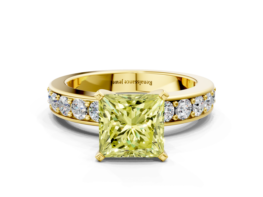 Yellow gold Fancy Yellow Princess  Cut Channel Set Diamond Engagement Ring with Four-Prong Setting