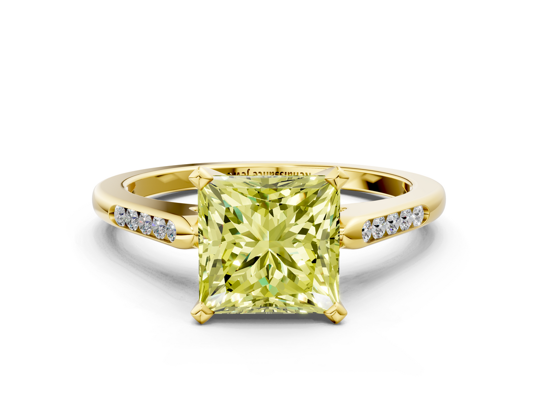 Yellow gold Fancy Yellow Princess  Cut Channel Set Solitaire Engagement Ring with Four-Prong Setting