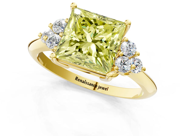 Yellow Gold Princess Cut Cluster Accent Engagement Ring Setting for Fancy Yellow Center