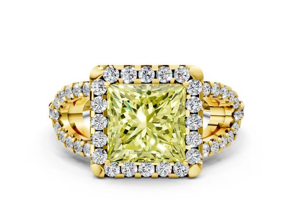 Yellow Gold Princess Cut Split Shank Pave Halo Engagement Ring Setting for Fancy Yellow Center