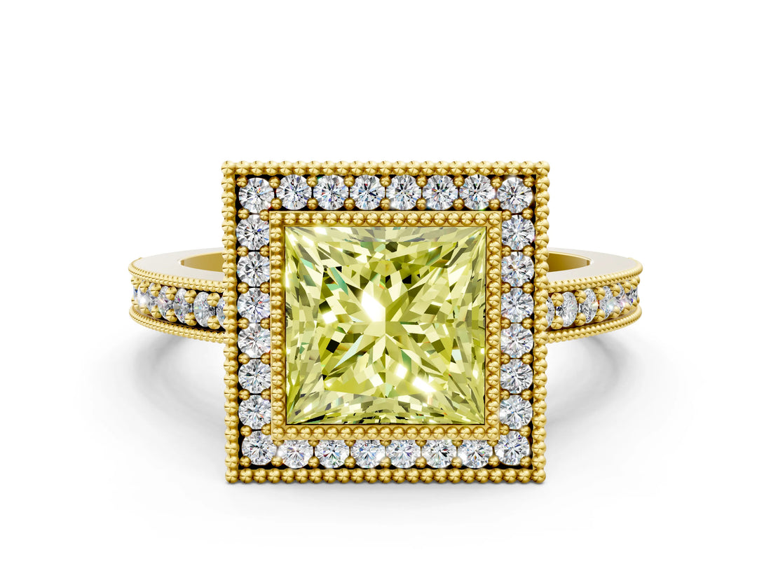 Yellow gold Fancy Yellow Princess Cut-Cut Diamond Halo Engagement Ring with Pave Band and Prong Setting