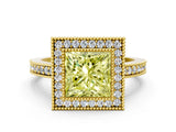 Yellow gold Fancy Yellow Princess Cut-Cut Diamond Halo Engagement Ring with Pave Band and Prong Setting