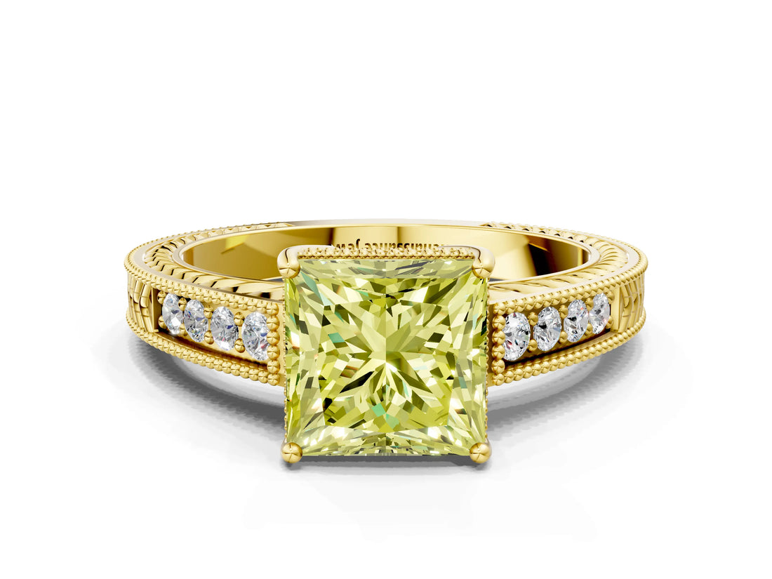 Yellow gold Fancy Yellow Princess Cut Cut Diamond Milgrain Pave Band Four-Prong Setting Ring_3