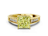 Yellow gold Fancy Yellow Princess Cut Cut Diamond Milgrain Pave Band Four-Prong Setting Ring_3