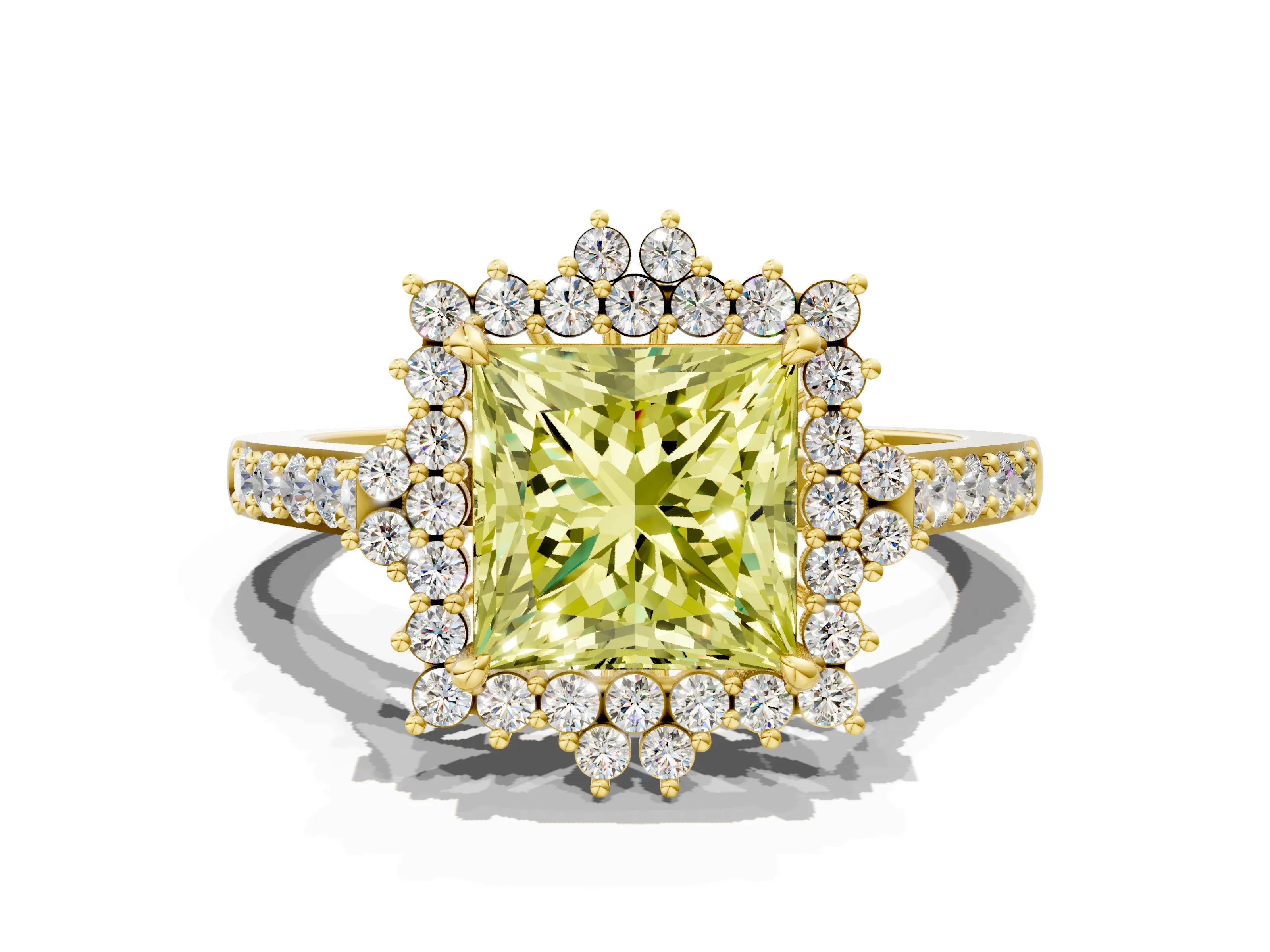 Yellow gold Fancy Yellow Princess Cut Cut Diamond Sunburst Halo Engagement Ring with Pavé Band