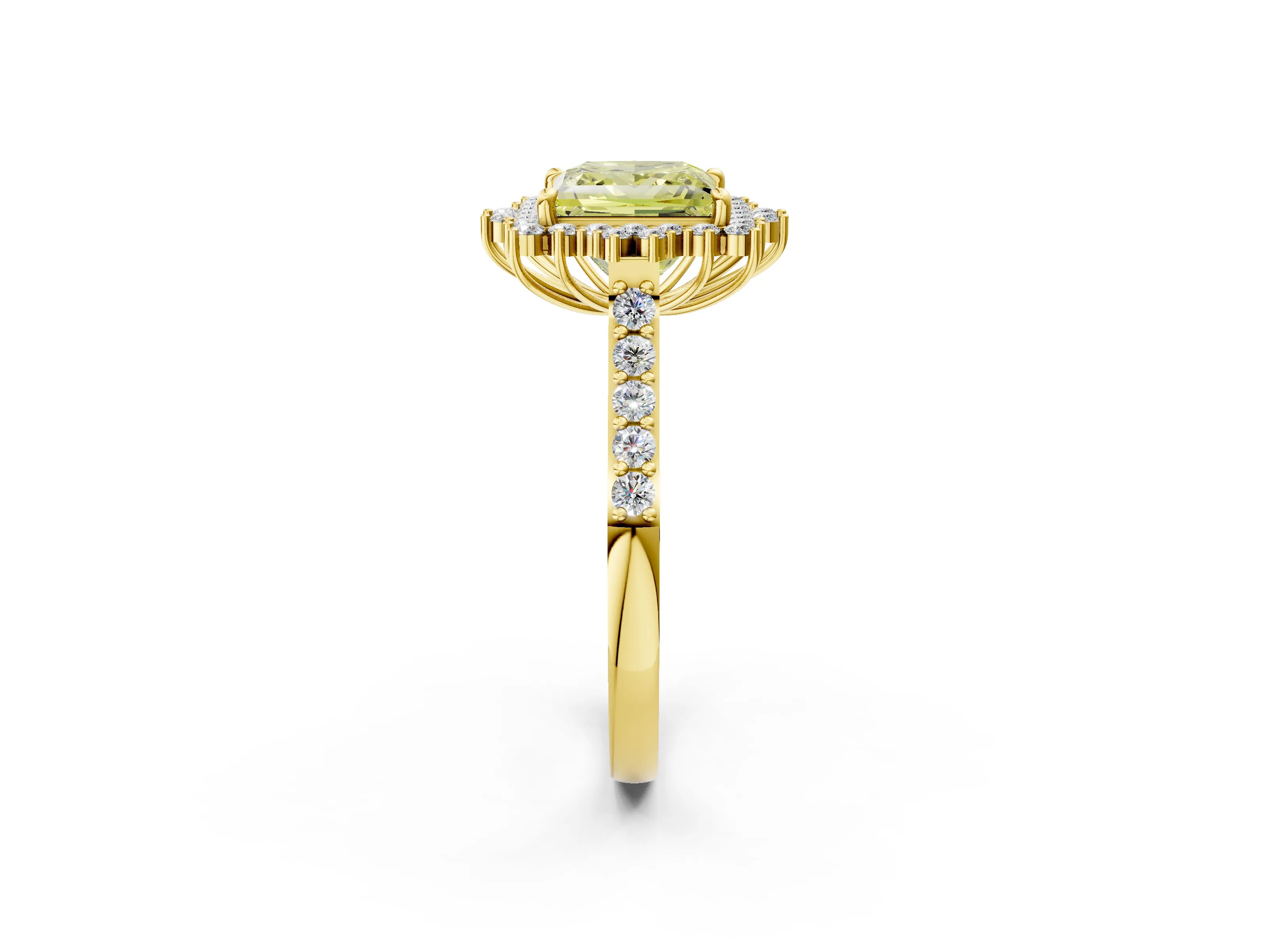 Yellow gold Fancy Yellow Princess Cut Cut Diamond Sunburst Halo Engagement Ring with Pavé Band_2