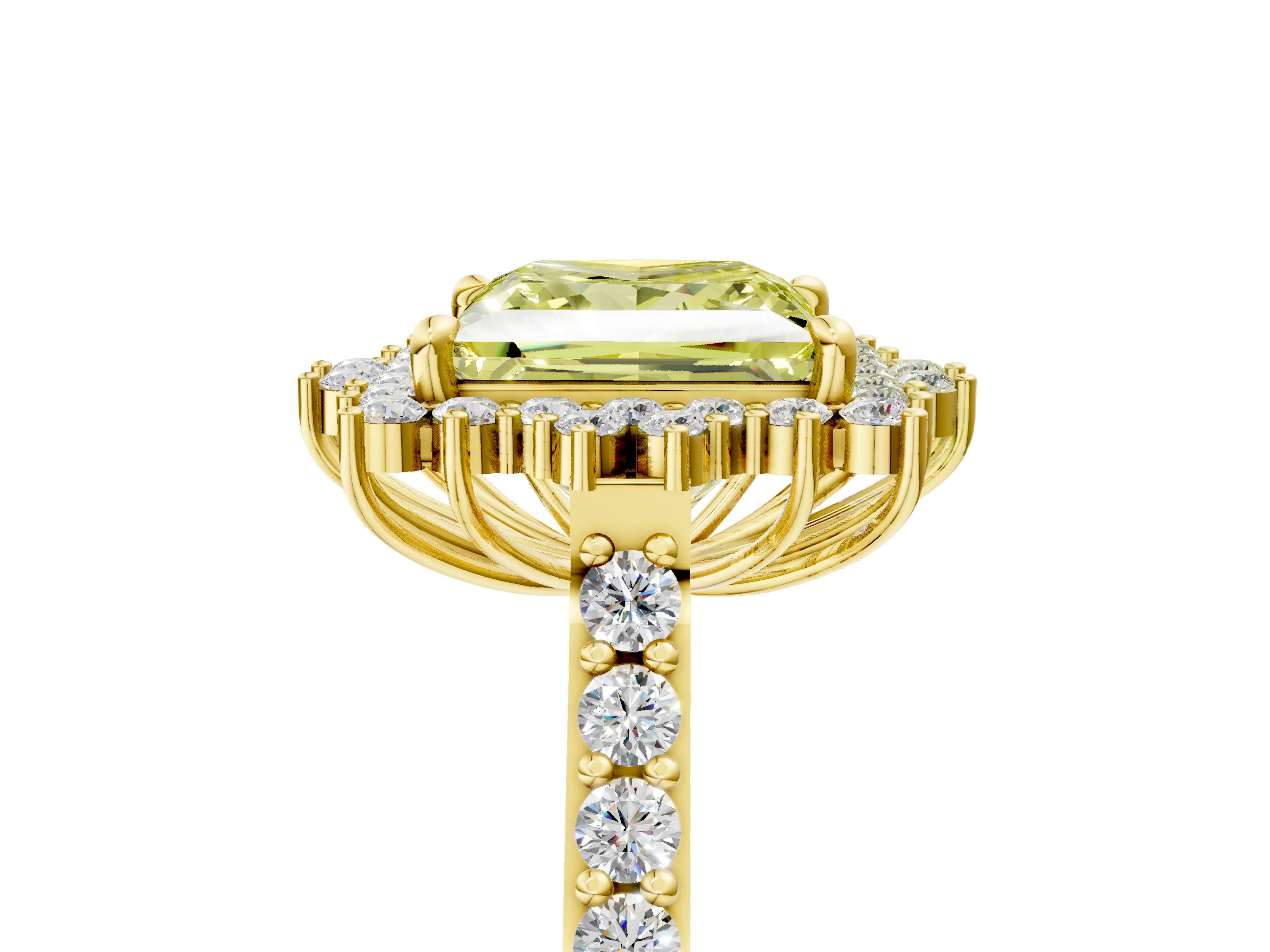 Yellow gold Fancy Yellow Princess Cut Cut Diamond Sunburst Halo Engagement Ring with Pavé Band_5