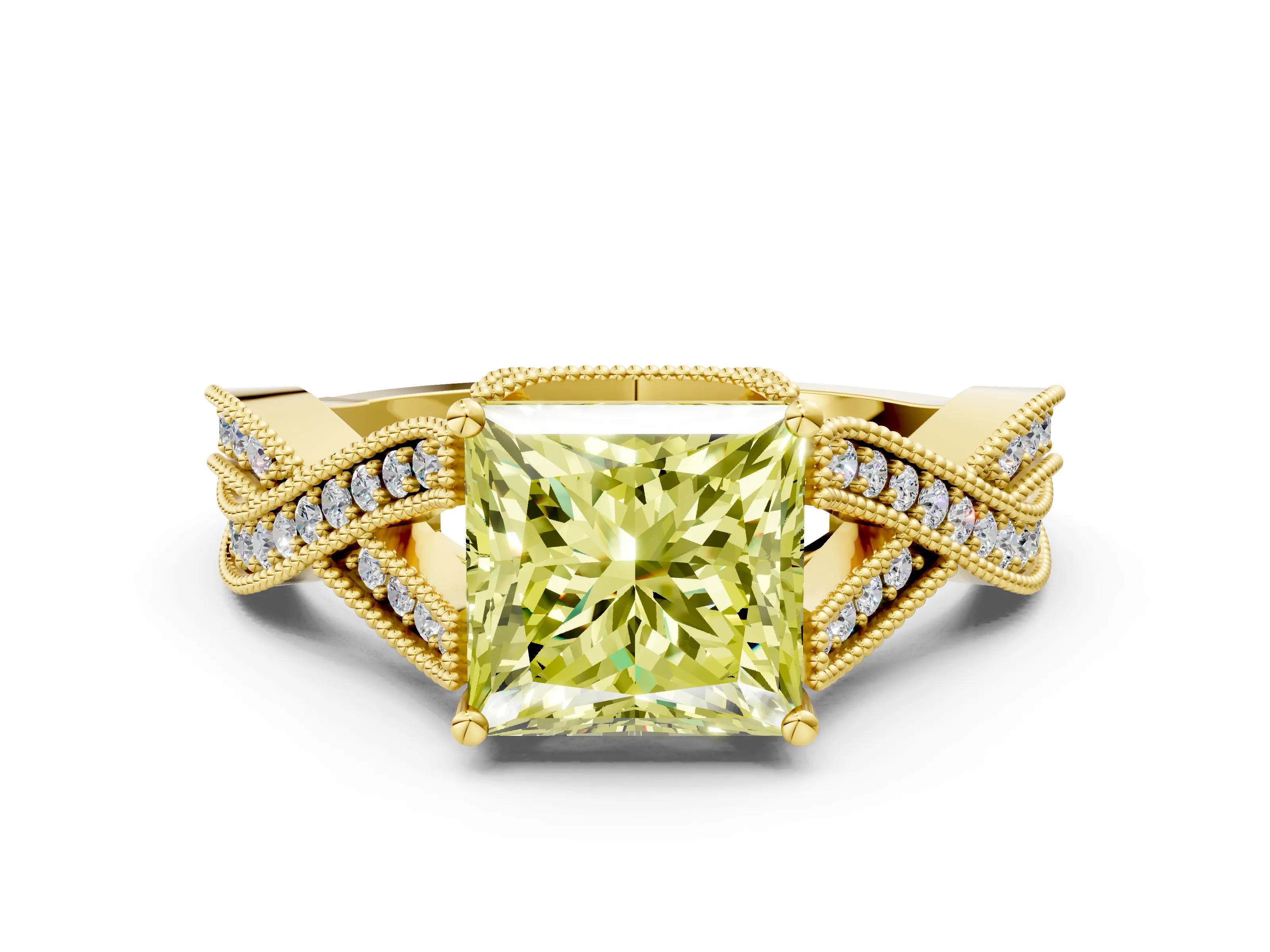 Yellow gold Fancy Yellow Princess Cut Cut Diamond Twisted Band with Milgrain Pave Setting and Four-Prong Setting
