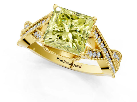 Yellow gold Fancy Yellow Princess Cut Cut Diamond Twisted Band with Milgrain Pave Setting and Four-Prong Setting_1