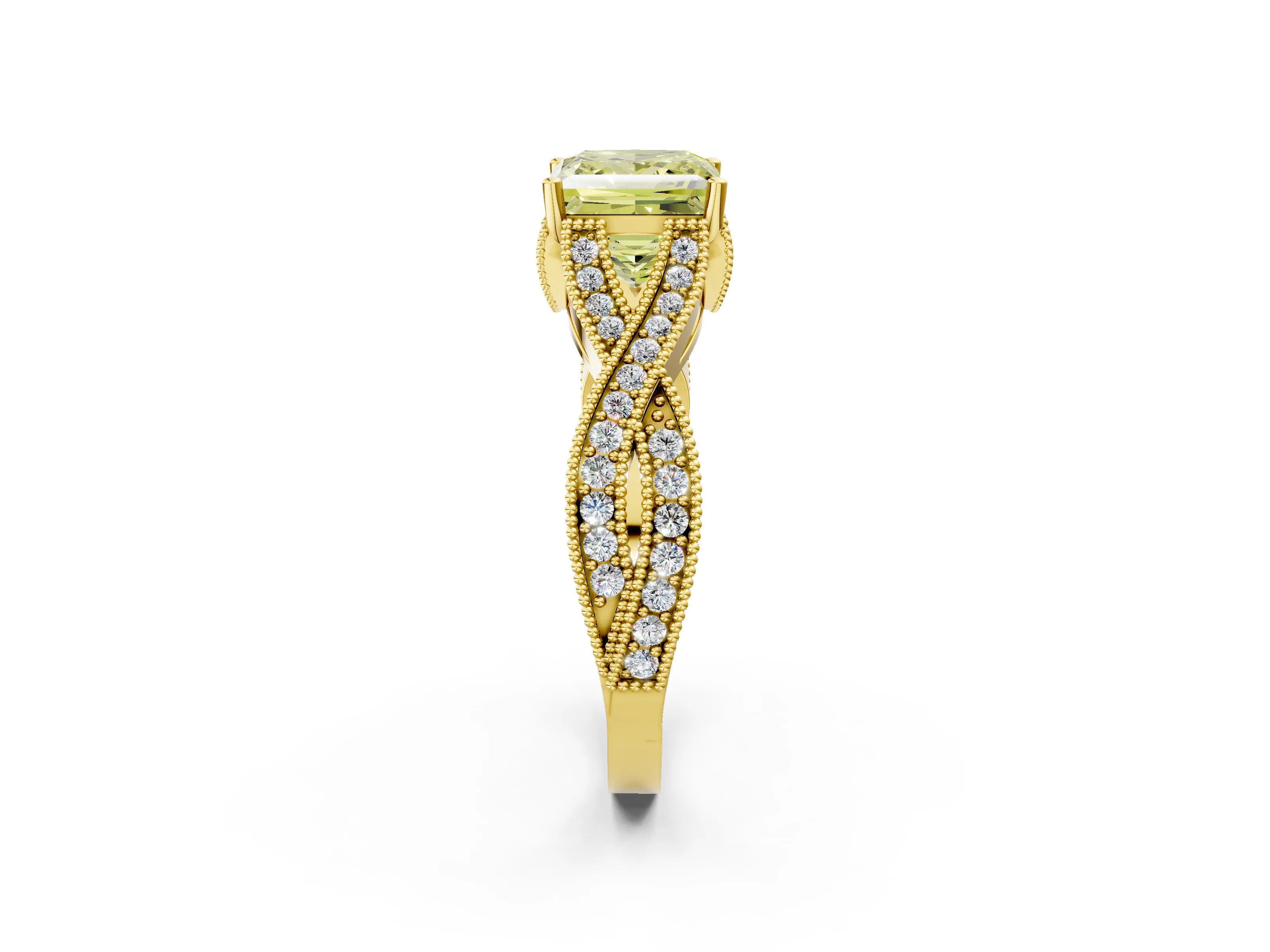 Yellow gold Fancy Yellow Princess Cut Cut Diamond Twisted Band with Milgrain Pave Setting and Four-Prong Setting_2