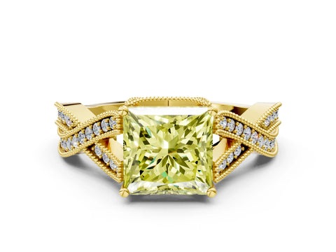 Yellow gold Fancy Yellow Princess Cut Cut Diamond Twisted Band with Milgrain Pave Setting and Four-Prong Setting