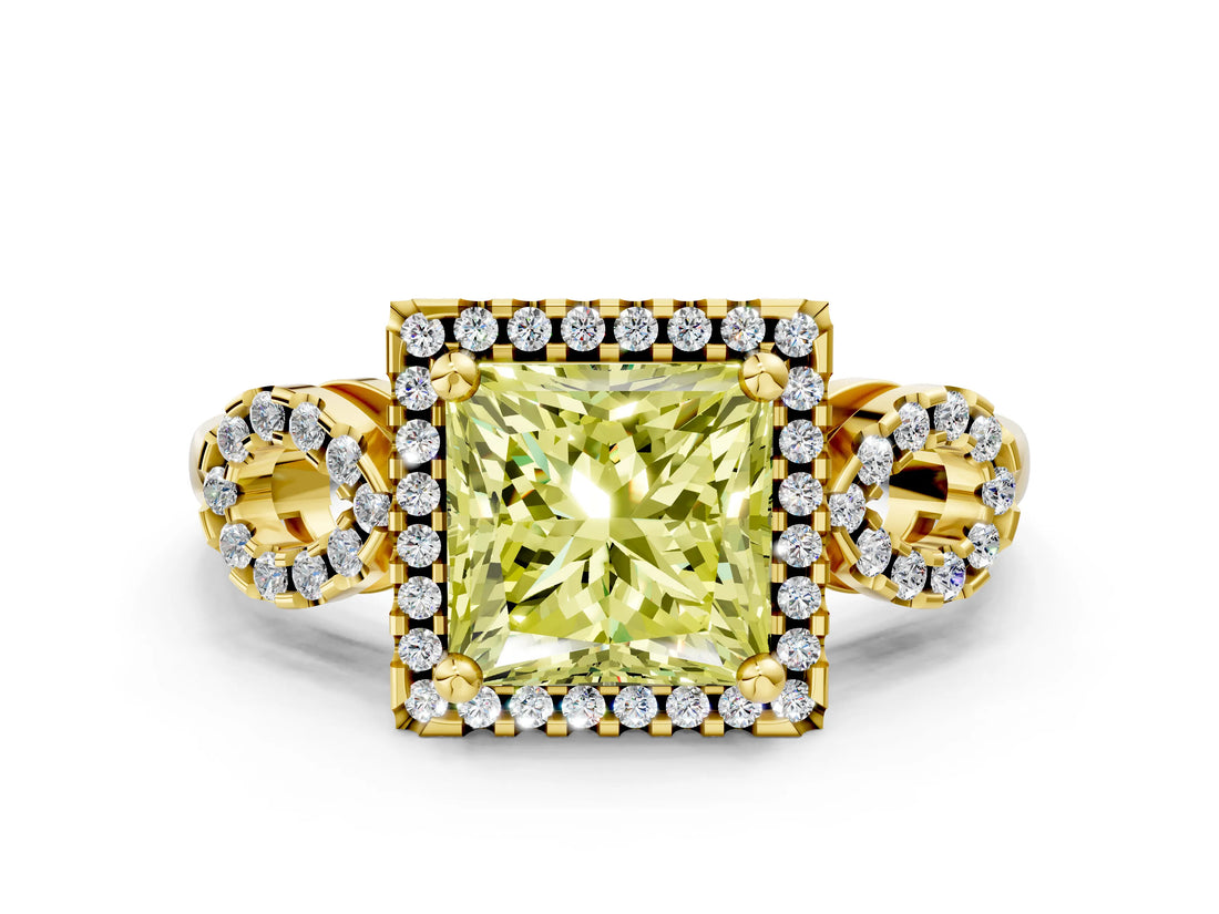 Yellow gold Fancy Yellow Princess Cut Cut Halo Diamond Infinity Band with Four-Prong Setting