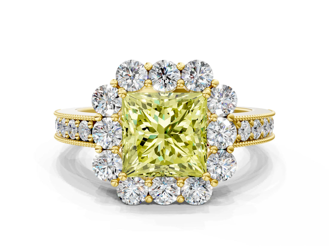 Yellow gold Fancy Yellow Princess Cut Cut Halo Diamond Pavé Engagement Ring with Milgrain Detailing