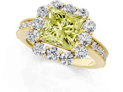 Yellow gold Fancy Yellow Princess Cut Cut Halo Diamond Pavé Engagement Ring with Milgrain Detailing_1