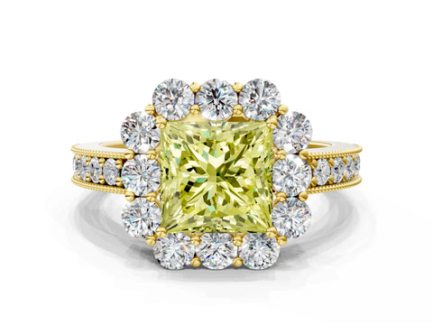 Yellow gold Fancy Yellow Princess Cut Cut Halo Diamond Pavé Engagement Ring with Milgrain Detailing
