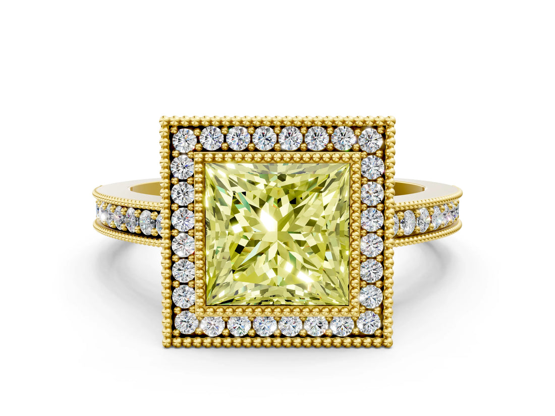 Yellow gold Fancy Yellow Princess Cut Cut Halo Pavé Diamond Ring