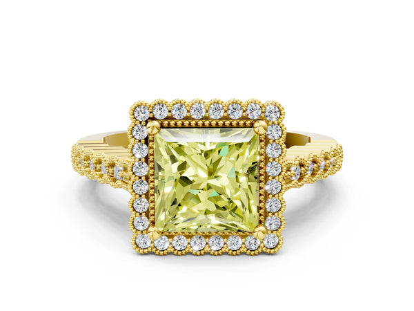Yellow gold Fancy Yellow Princess Cut Cut Halo Pavé Solitaire Ring with Milgrain Band