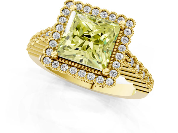 Yellow gold Fancy Yellow Princess Cut Cut Halo Pavé Solitaire Ring with Milgrain Band