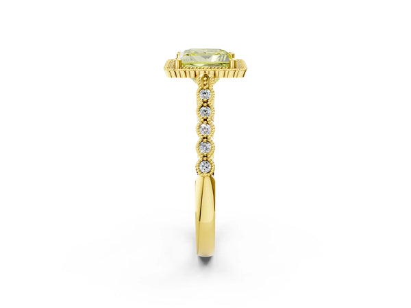Yellow gold Fancy Yellow Princess Cut Cut Halo Pavé Solitaire Ring with Milgrain Band