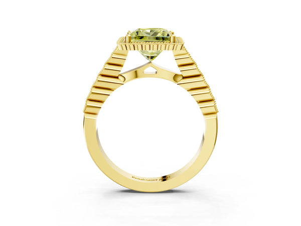 Yellow gold Fancy Yellow Princess Cut Cut Halo Pavé Solitaire Ring with Milgrain Band