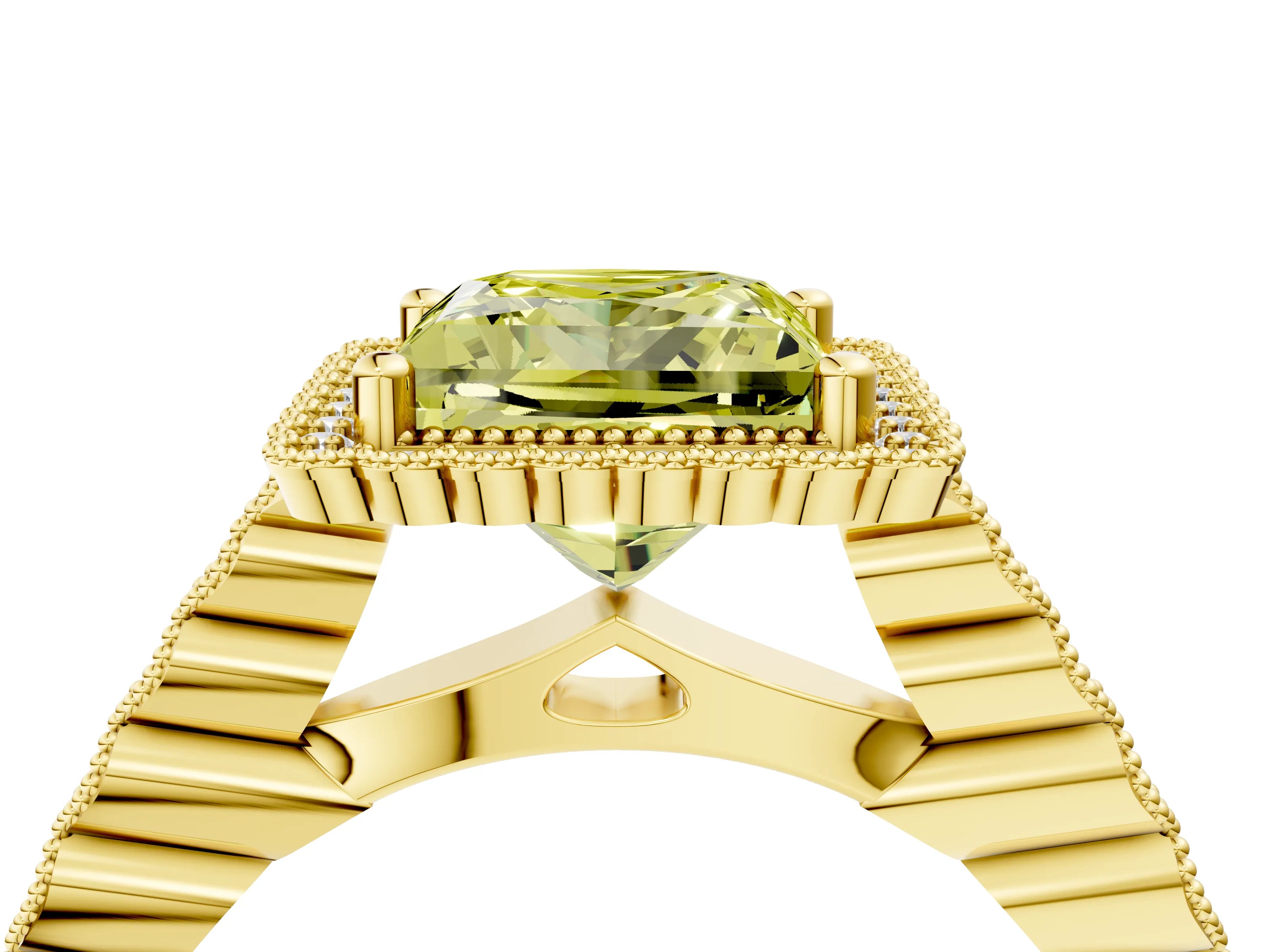 Yellow gold Fancy Yellow Princess Cut Cut Halo Pavé Solitaire Ring with Milgrain Band_4