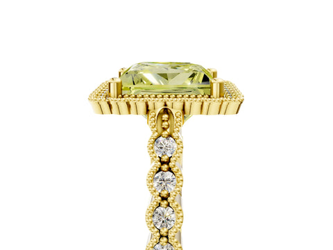 Yellow gold Fancy Yellow Princess Cut Cut Halo Pavé Solitaire Ring with Milgrain Band_5