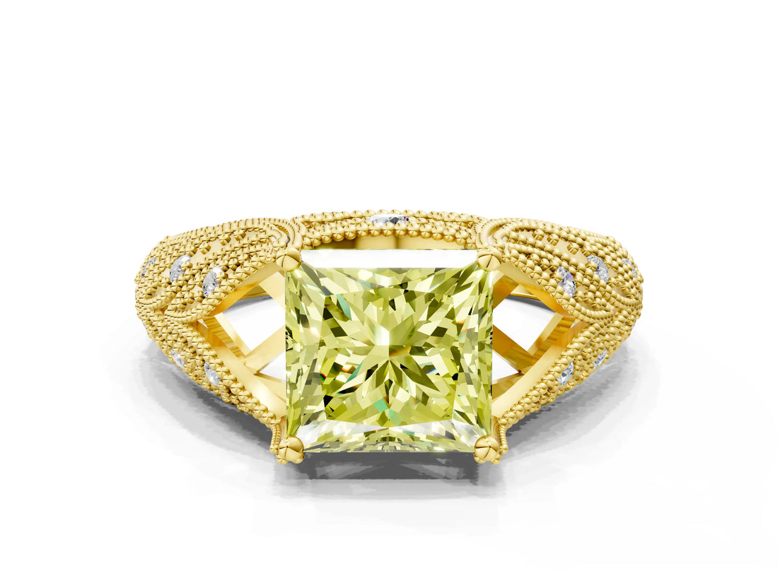 Yellow gold Fancy Yellow Princess Cut Cut Milgrain Pave Diamond Engagement Ring with Four-Prong Setting_15