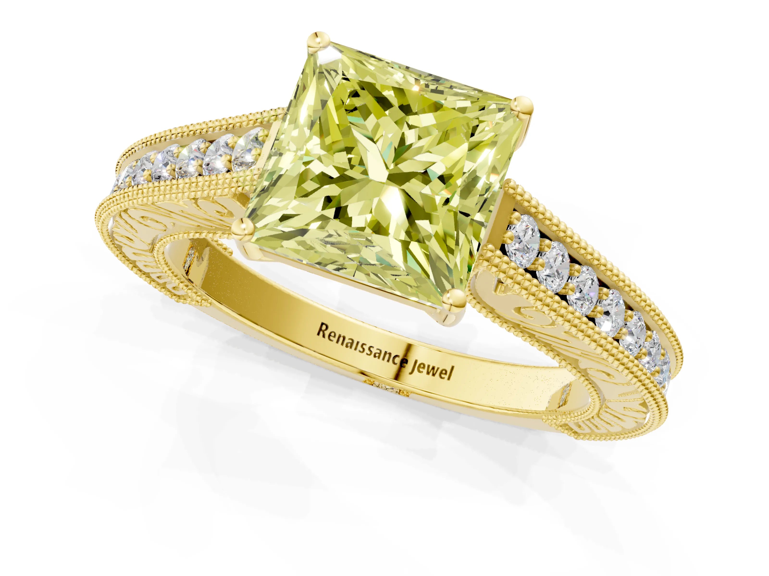 Yellow gold Fancy Yellow Princess Cut Cut Pave Band Milgrain Solitaire Ring_1