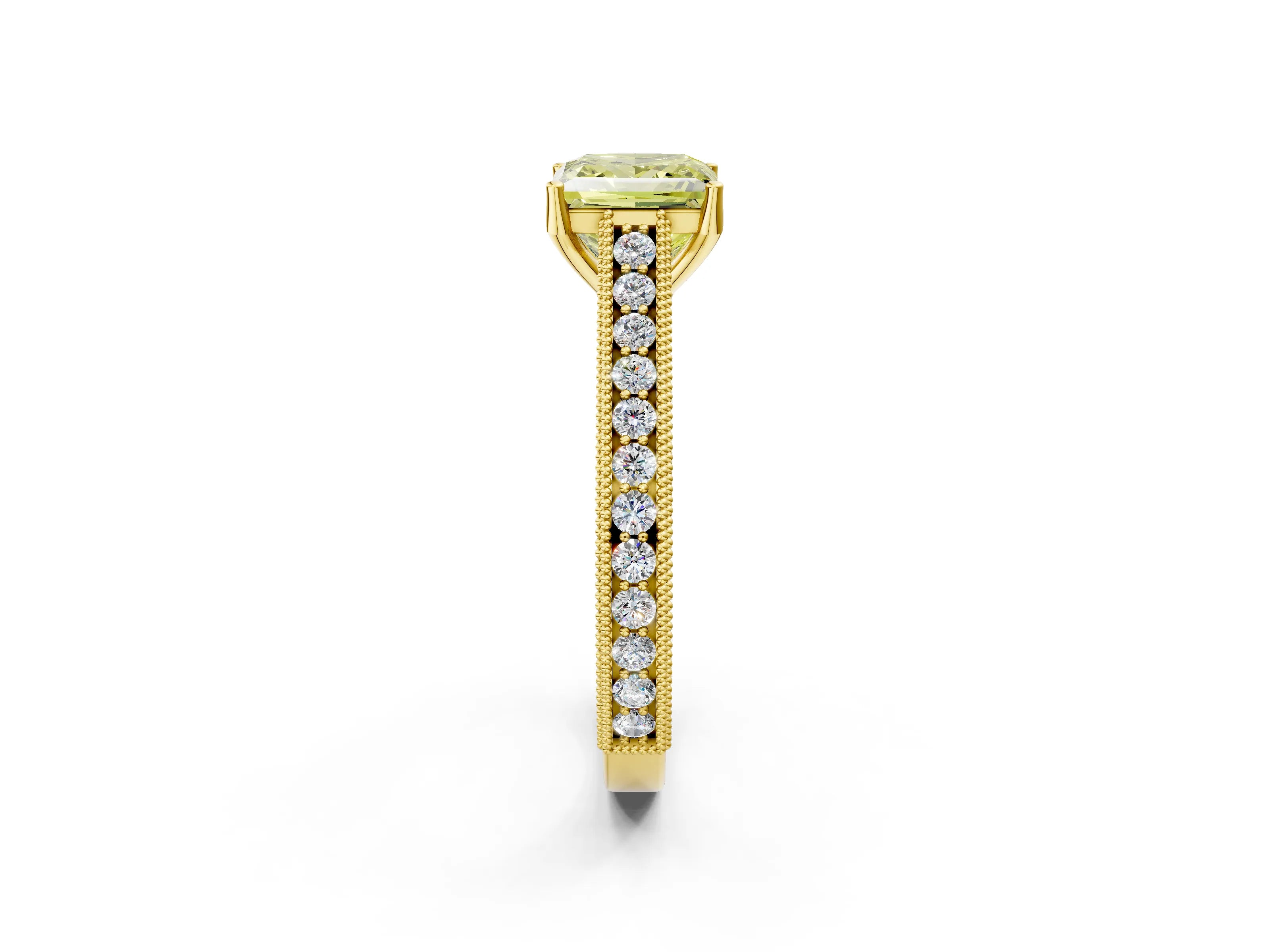 Yellow gold Fancy Yellow Princess Cut Cut Pave Band Milgrain Solitaire Ring_2