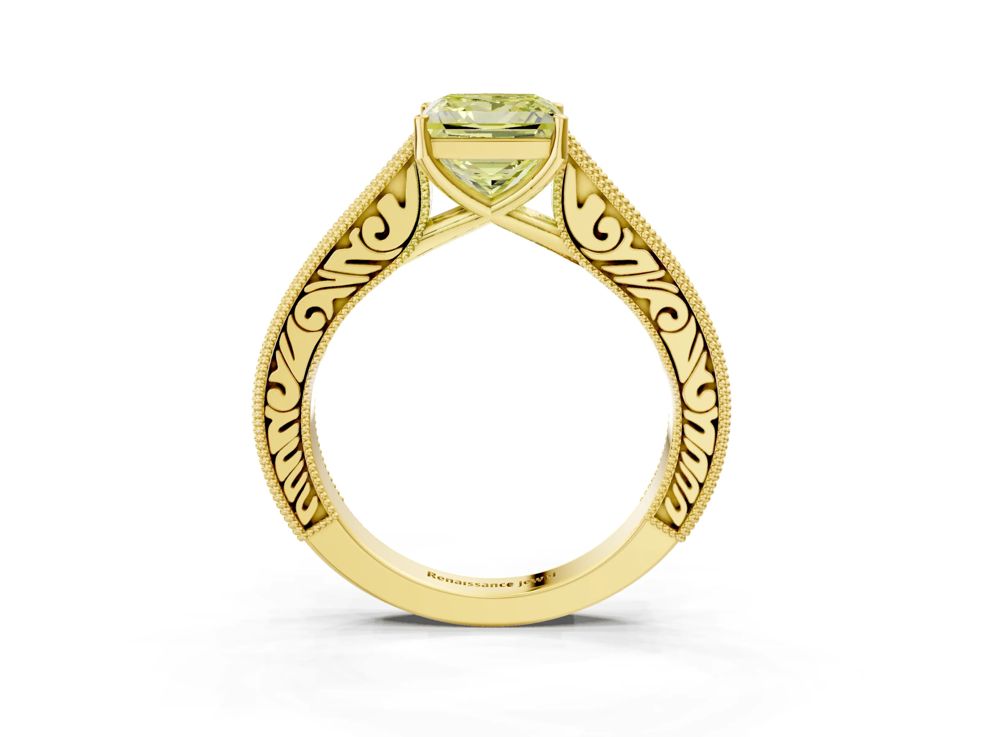 Yellow gold Fancy Yellow Princess Cut Cut Pave Band Milgrain Solitaire Ring_3
