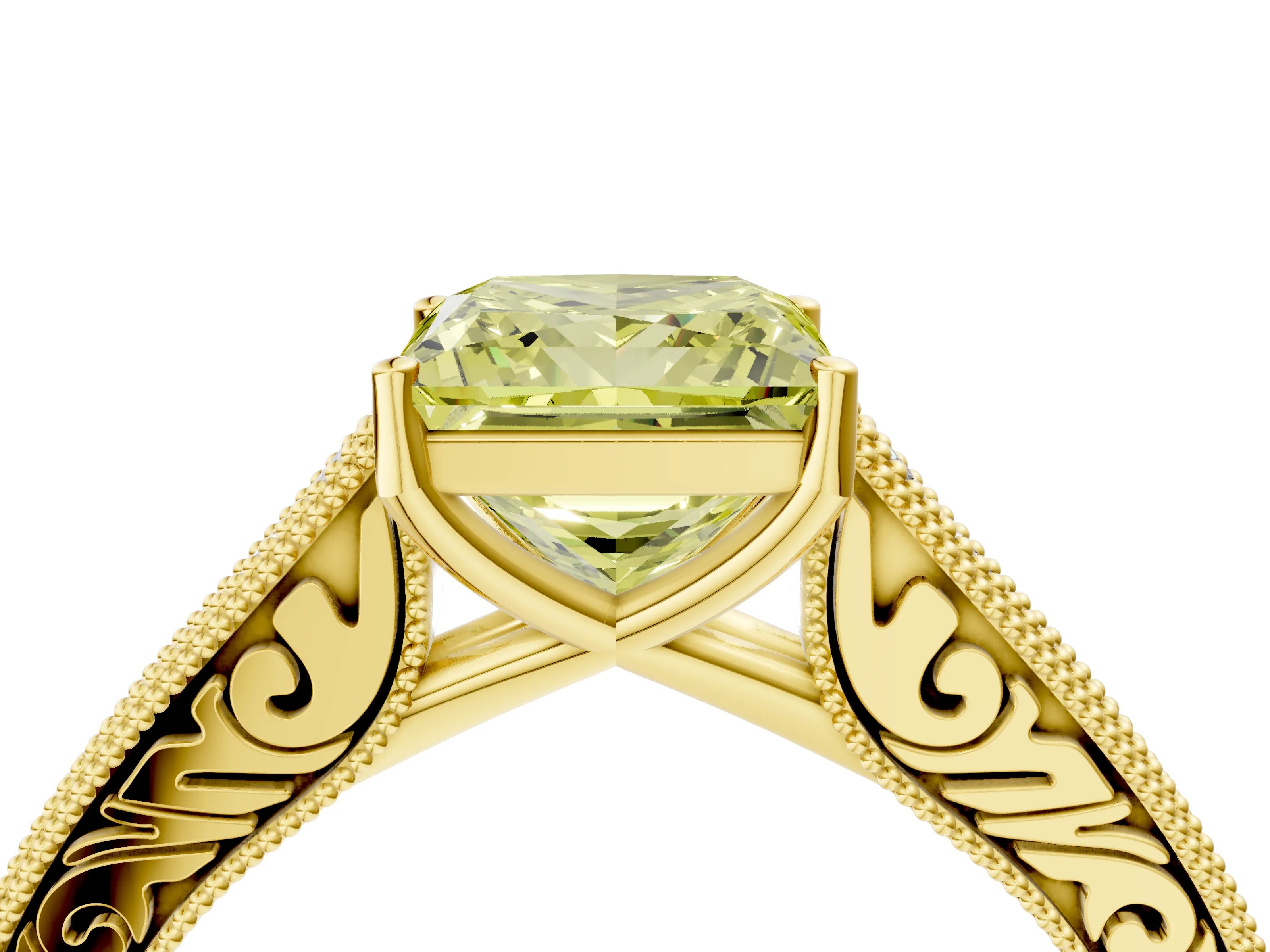 Yellow gold Fancy Yellow Princess Cut Cut Pave Band Milgrain Solitaire Ring_4