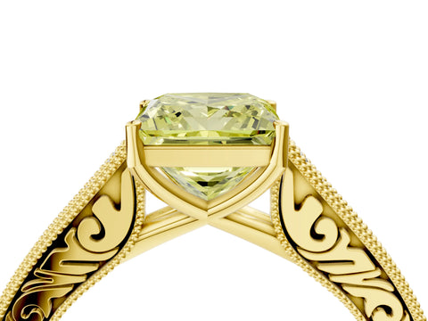 Yellow gold Fancy Yellow Princess Cut Cut Pave Band Milgrain Solitaire Ring_4