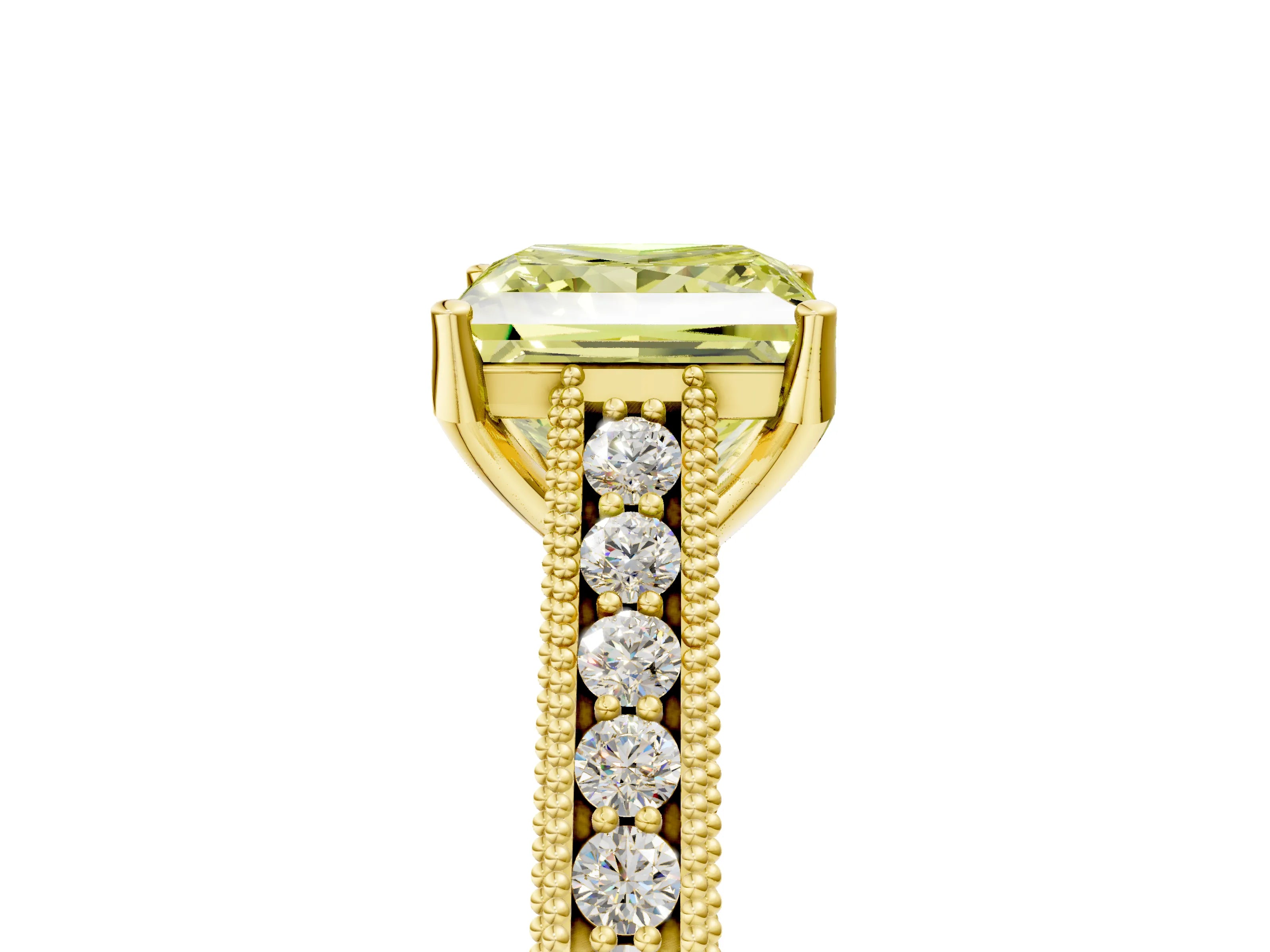 Yellow gold Fancy Yellow Princess Cut Cut Pave Band Milgrain Solitaire Ring_5